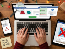 Um homem fazendo compras on-line em seu laptop para o Natal.