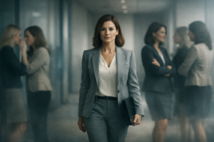 Mulher executiva caminha com postura firme em ambiente corporativo, enquanto outras mulheres ao fundo conversam de forma velada, sugerindo intimidação silenciosa e disputa reputacional no local de trabalho.