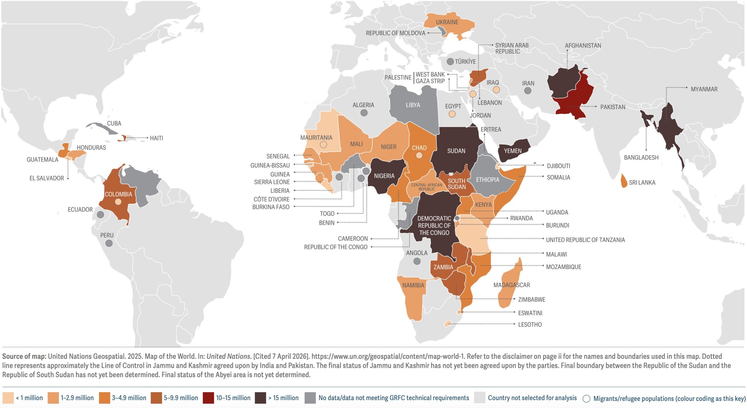 Um mapa mundial que mostra a insegurança alimentar em países/territórios.